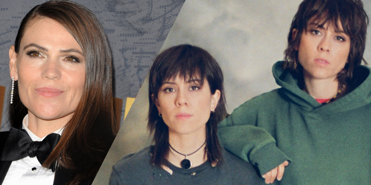 A side-by-side collage of Clea DuVall with a high school photo of Tegan & Sara, from their album "High School"