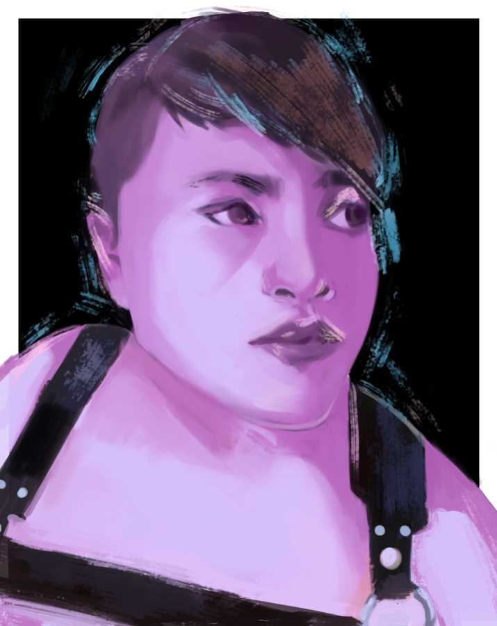 Purple tone painting of a person with short hair. The person wears a black chest harness.