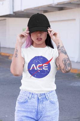 Model in a white t-shirt with a NASA-style logo of blue space with a red accent but instead of "NASA" it says "ACE"