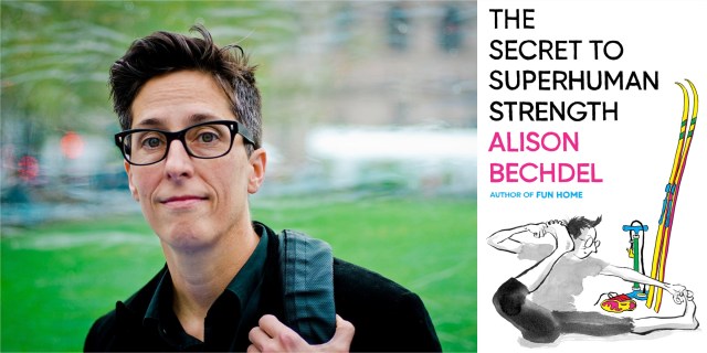 A composite photo of a portrait of author Alison Bechdel and the cover of her new book, The Secret to Superhuman Strength