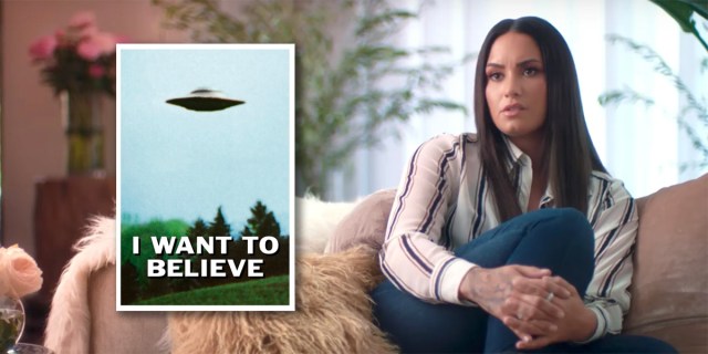 Demi Lovato in a couch with a poster of The X-Files iconic "I Want to Believe" poster