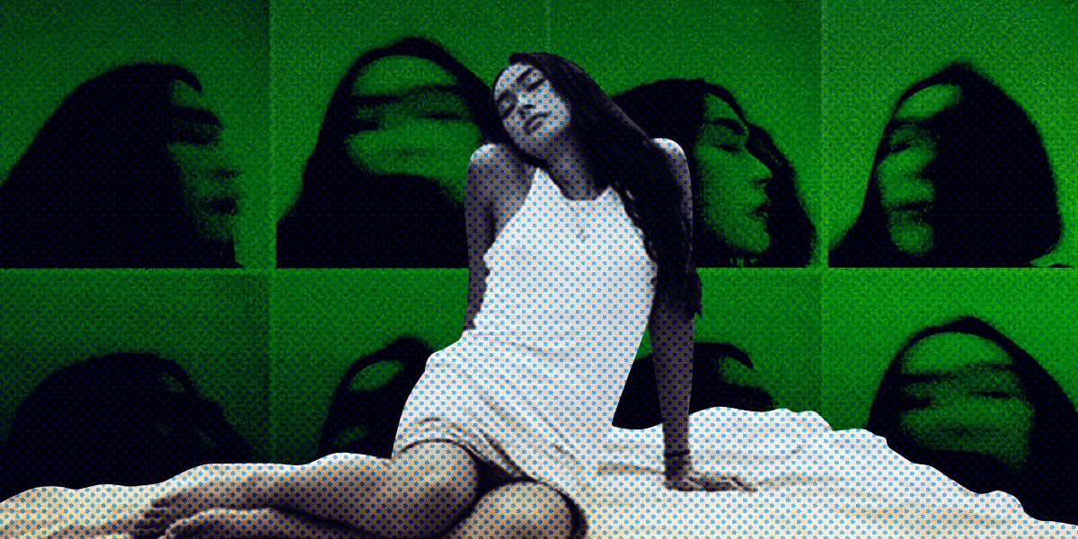 xoai lounges on a white blanket looking blissful in a white dress, long black hair cascading over one shoulder. in the background are a series of portraits of her face in a state of tossing and movement, all in a green hue.