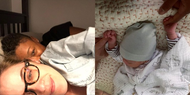 Samira Wiley and Lauren Morelli baby: On the left, Samira Wiley spoons wife Lauren Morelli baby collage: On the right, they each hold their newborn baby daughter's tiny hands.