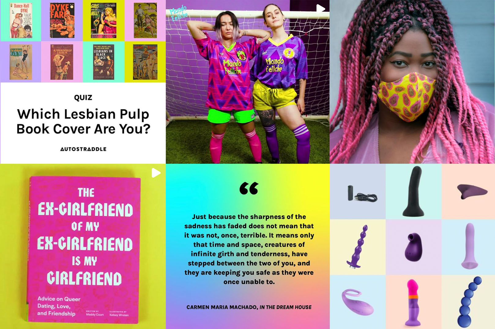 a selection of our instagram posts: quizzes, merch, books, quotes about heartbreak and sex toys.