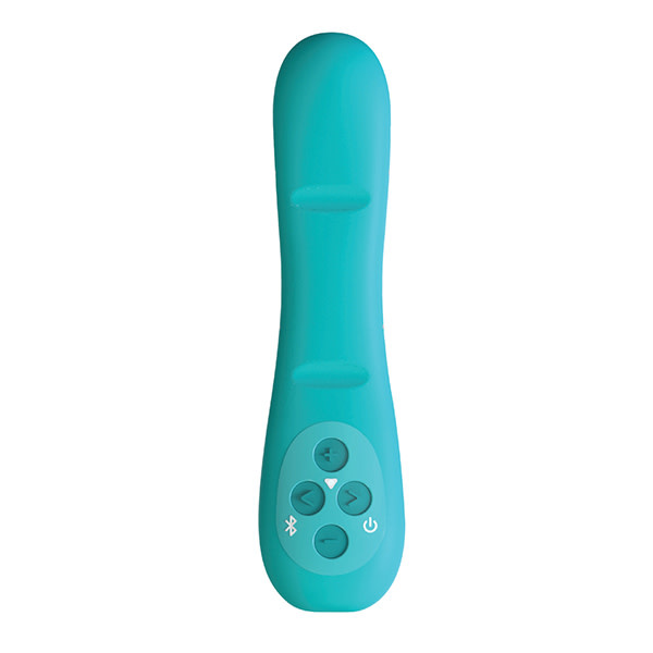 Image shows a short teal vibrator with 4 flat buttons on top