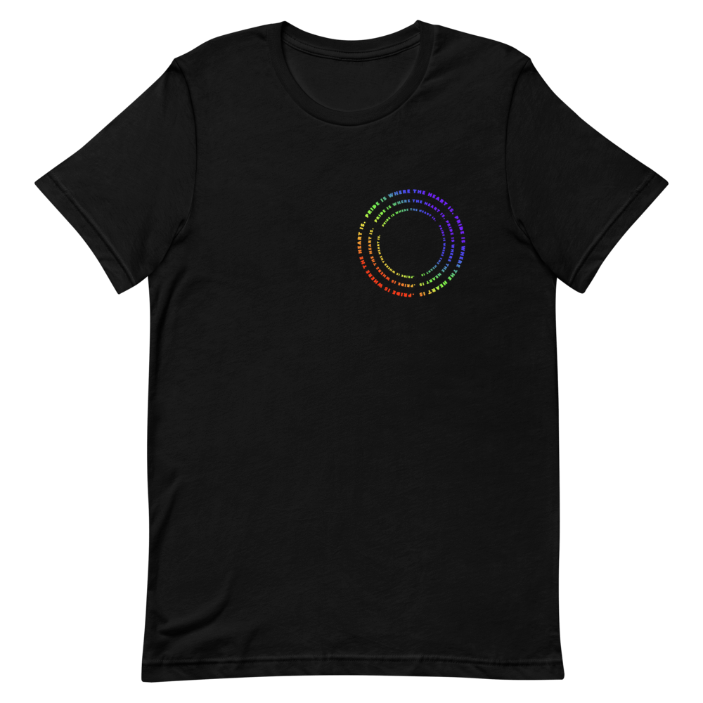 Black t-shirt with a circle logo on the breast that is a rainbow gradient.
