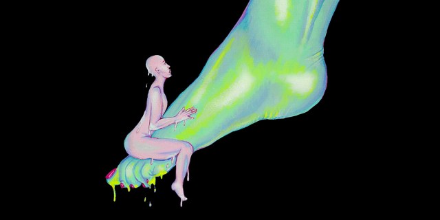 A lavender person with a bald head looks up with desire as they straddles a lime green flexed foot. Both are dripping.