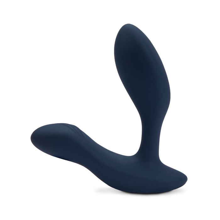 Image shows an anal vibrator in a dark blue color with a flared base.