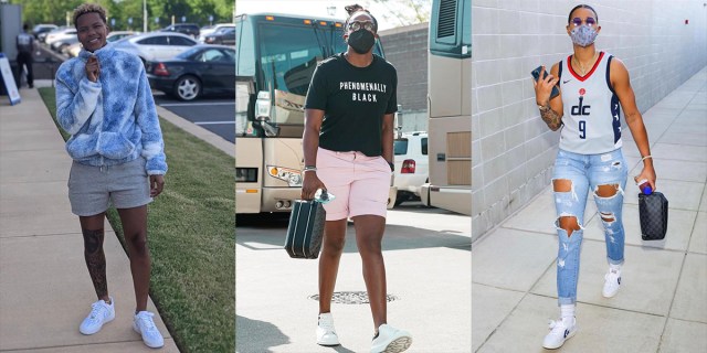 A collage of three queer WNBA players on their way to their games: Courtney Williams, Chelsea Grey, and Natasha Cloud