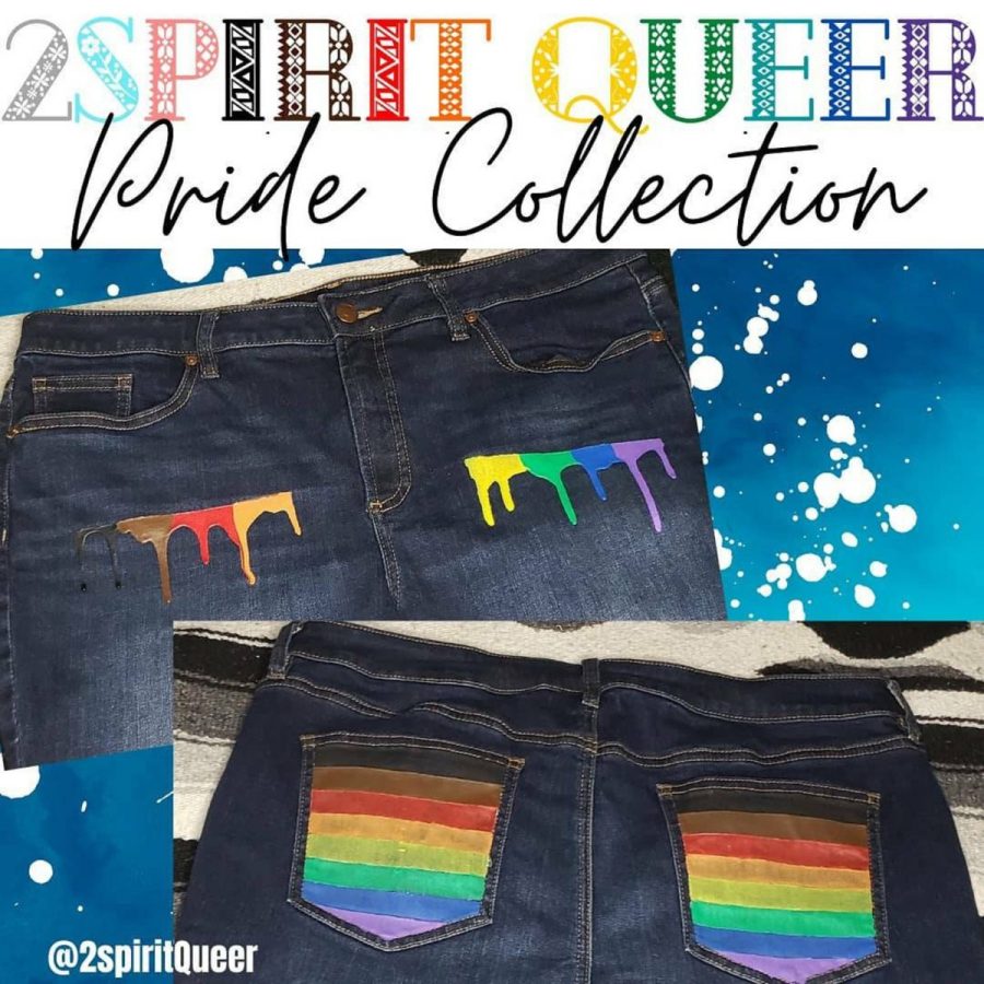 Photos showing a pair of jeans covered in rainbow paint.