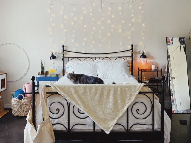 laneia's very cute bedroom with diffuser and string lights