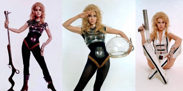A collage of Jane Fonda as Barbarella in various space poses with various space weapons against a white background