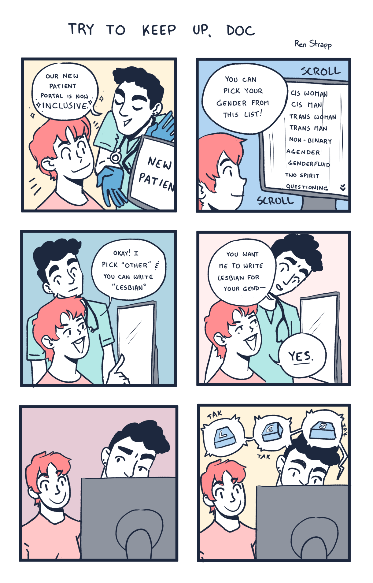 In a six panel comic drawn in pastel colors, a doctor explains to their patient that their new digital patient intake system is so inclusive! It has multiple choice options. The patient clicks other and instructs the doctor to type in "Lesbian" — confused the doctor asks, "you want your gender to say Lesbian?" The patient smiles and waits for them to begin typing.