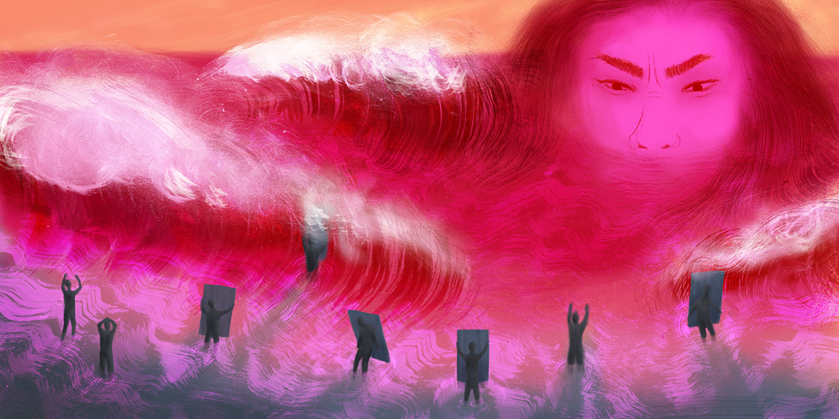 A woman glares across a pink and red ocean. Tiny people hold up boards to try to block the waves.