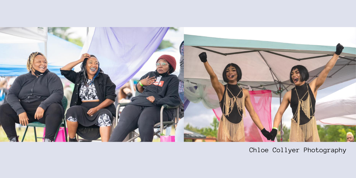 Two photos of Black Pride organizers and performers on a light purple-grey backround