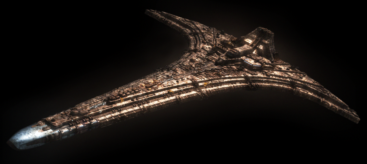 the giant starship Destiny from Stargate Atlantis against a backdrop of black space