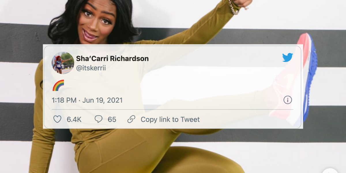Image Shows a photo of Sha'Carri Richardson wearing an olive colored two piece set and bright color sneakers. On top of the photo is a tweet from her that just shows an emoji of a rainbow