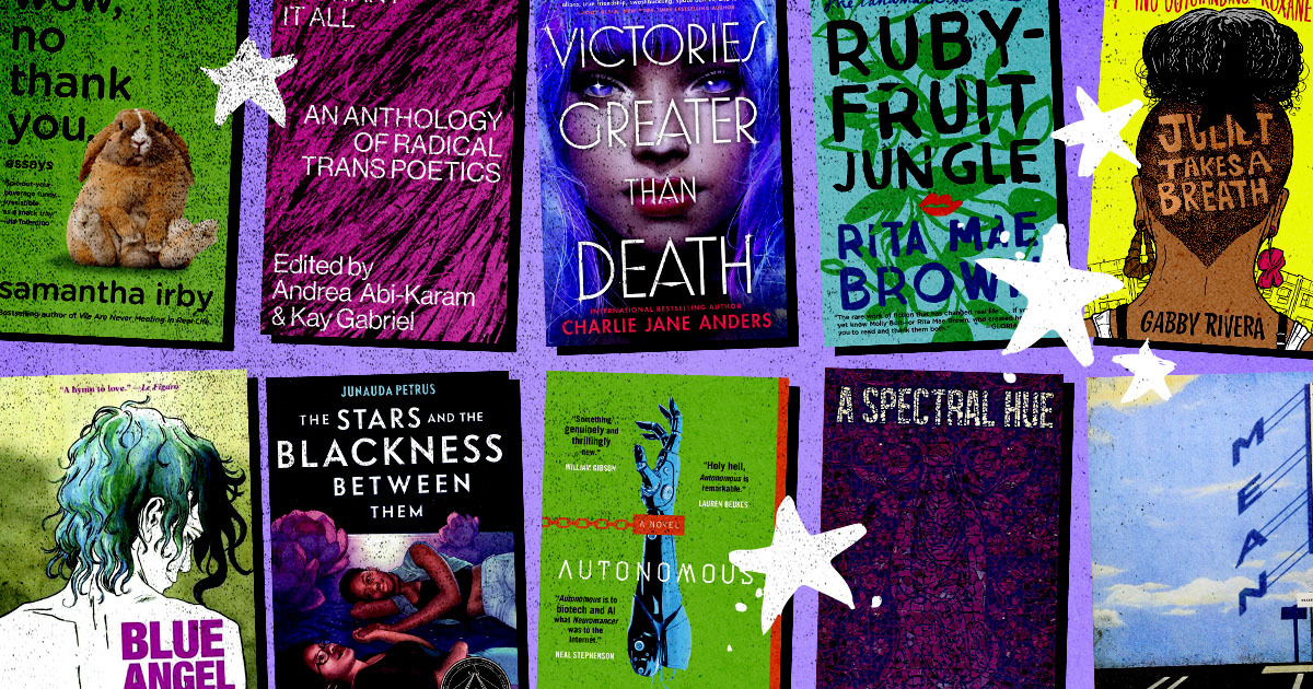 A collage of LGBT book covers on a purple background with hand-drawn stars.