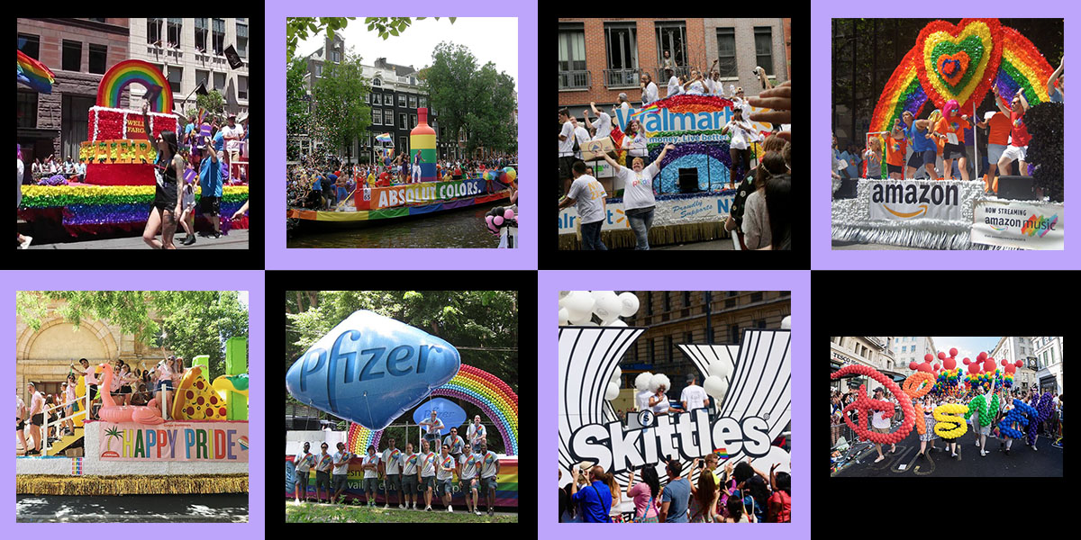 A collage of various corporate pride floats
