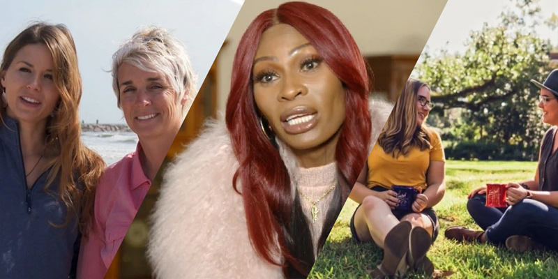 A collage of gay HGTV episodes: an older lesbian couple, trans star Dominique Jackson of Pose, and a younger lesbian couple sitting on grass.