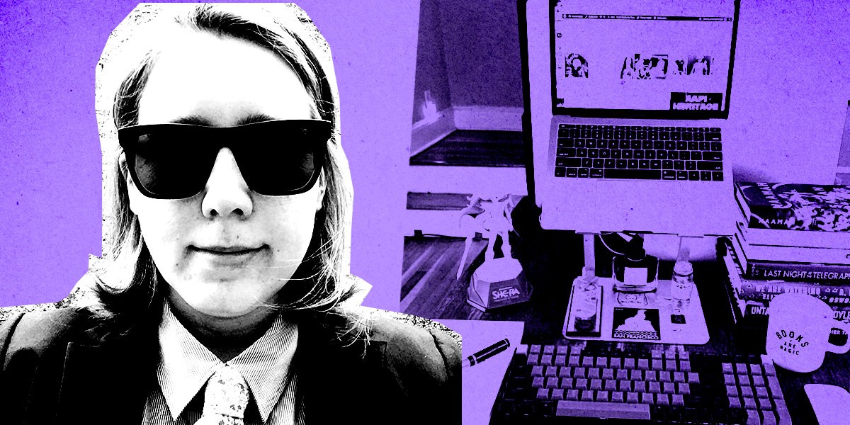 Heather hogan's portrait in xerox black and white, against a purple background with an image of her workspace