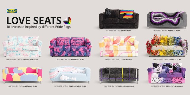 A collage of Ikea couches, decorated in the various colors of different gay pride flags.