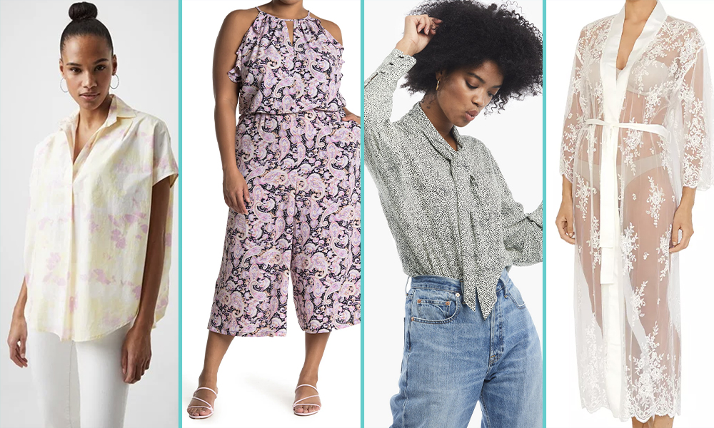 A composite of four images of clothing models wearing a loose button down, jumpsuit, tie-front buttondown and flowing sheer robe, respectively