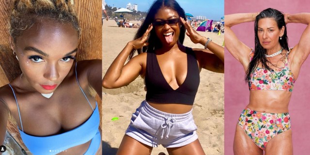 A collage of Janelle Monae, Javicia Leslie, and Stacy London, all enjoying summer bikinis.