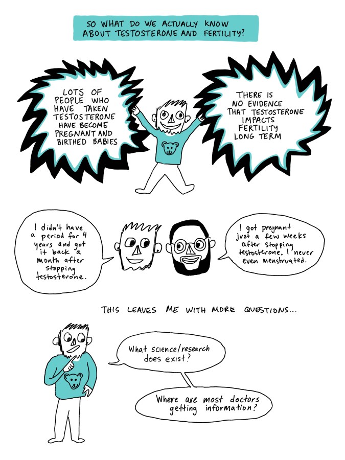 Titled: So what do we actually know about testosterone and fertility? Lots of people who have taken testosterone have become pregnant and birthed babies. There is no evidence testosterone impacts fertility long term. Image of me and Kayden Coleman. I say, “I didn’t have a period for 4 years and got it back a month after stopping testosterone.