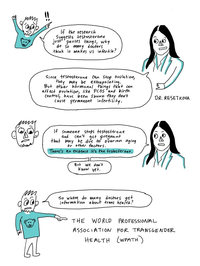 I am talking with Dr Resetkova. I say, “If the research suggests testosterone just pauses things, why do so many doctors think it makes us infertile?