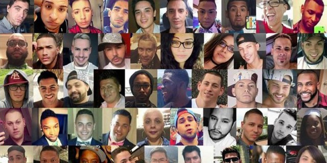 A collage of all the lives lost at the shooting at the Orlando gay nightclub Pulse in 2016. Every photo is a close up portrait of each of the 49 faces.