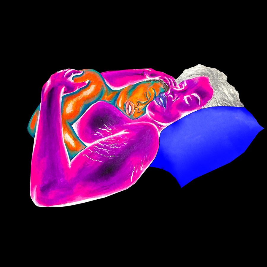A pink, nude person with silver hair holds an orange, nude person against their chest