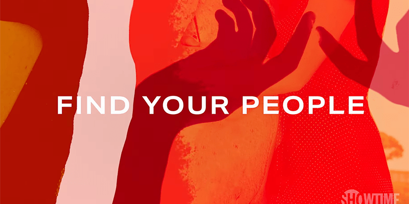 White text over an abstract red background: Find Your People