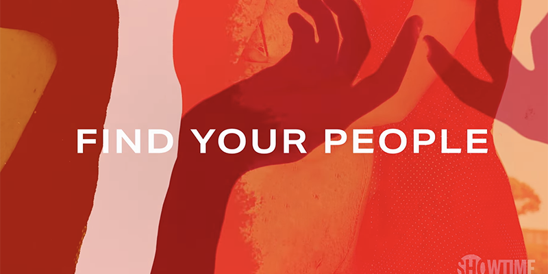 White text over an abstract red background: Find Your People