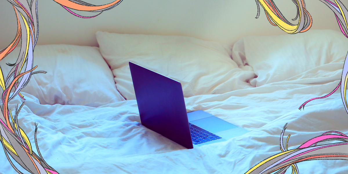 A feature image showing a laptop opened on an empty unmade bed.
