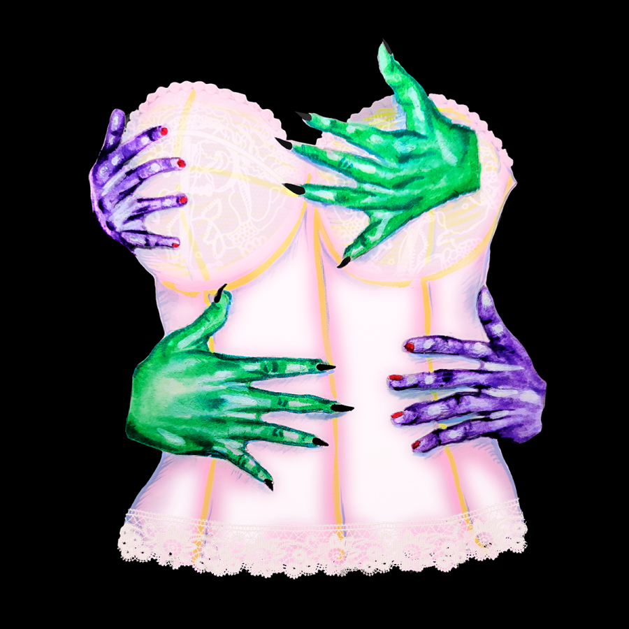 A torso wearing a lace bra is against a black background. Green and purple hands wrap around the torso.