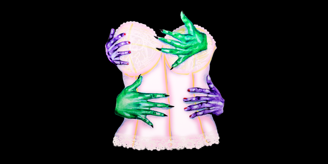A torso wearing a lace bra is against a black background. Green and purple hands wrap around the torso.