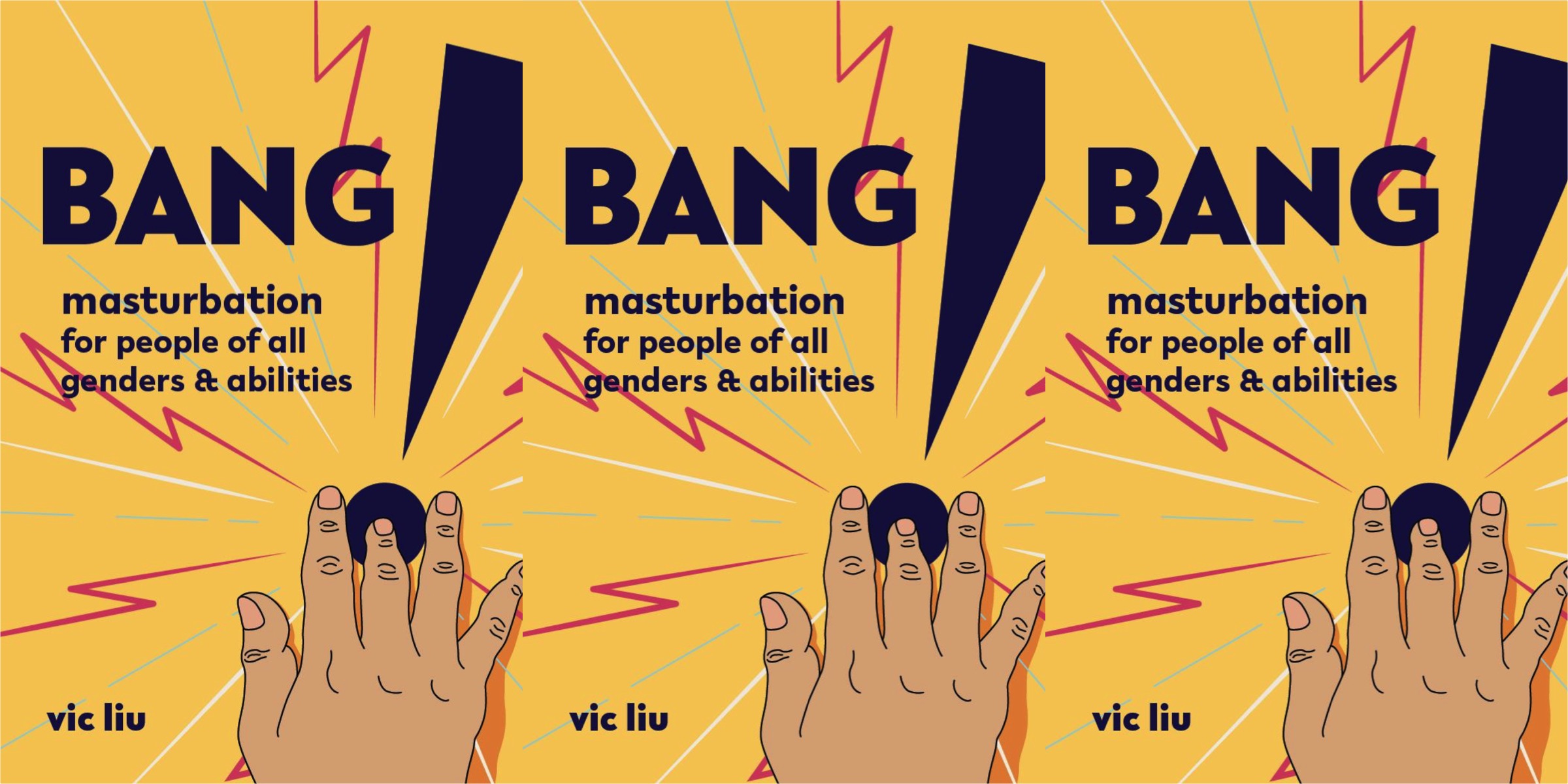 Three repeating images of the cover of BANG!, featuring a large graphic explanation point and a foregrounded hand with fingers reaching into the dot of the exclamation point as if penetrating a hole