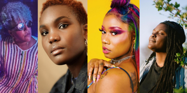 Image shows 4 seperate images of Black woman musicians. The first image has a Black woman in a sequin rainbow shirt, with sunglasses on and pastel colored natural curls. The second image shows A Black woman with copper tinged low haircut wearing gold earrings and a dark button down shirt. The third image shows A Black woman with rainbow colored long hair and eyemakeup wearing acrylic nails on a yellow background. The fourth image shows A Black Woman with a black shirt and a lighter denim one on top, standing in nature with her eyes closed, her hair is in long locs and she is weating a backwards hat.
