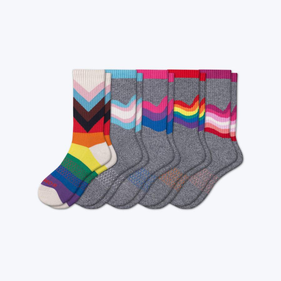 A collection of Pride-themed socks, including all the different flag designs.