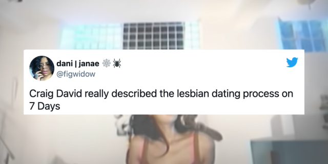 Image shows a still of a woman in an apartment in a red bra - text is overlaid from a tweet that says " Craig David really described the lesbian dating process on 7 days"