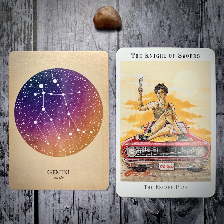 The Gemini constellation card and Knight of Swords tarot card