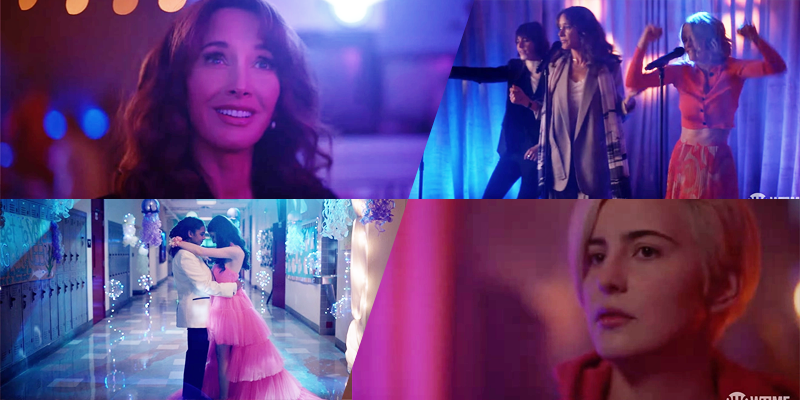 The L Word Generation Q Season 2 Trailer collage: Bette looking serene; Bette, Alice, and Shane on a karaoke stage; Angie in a suit at prom; Finley looking concerned.