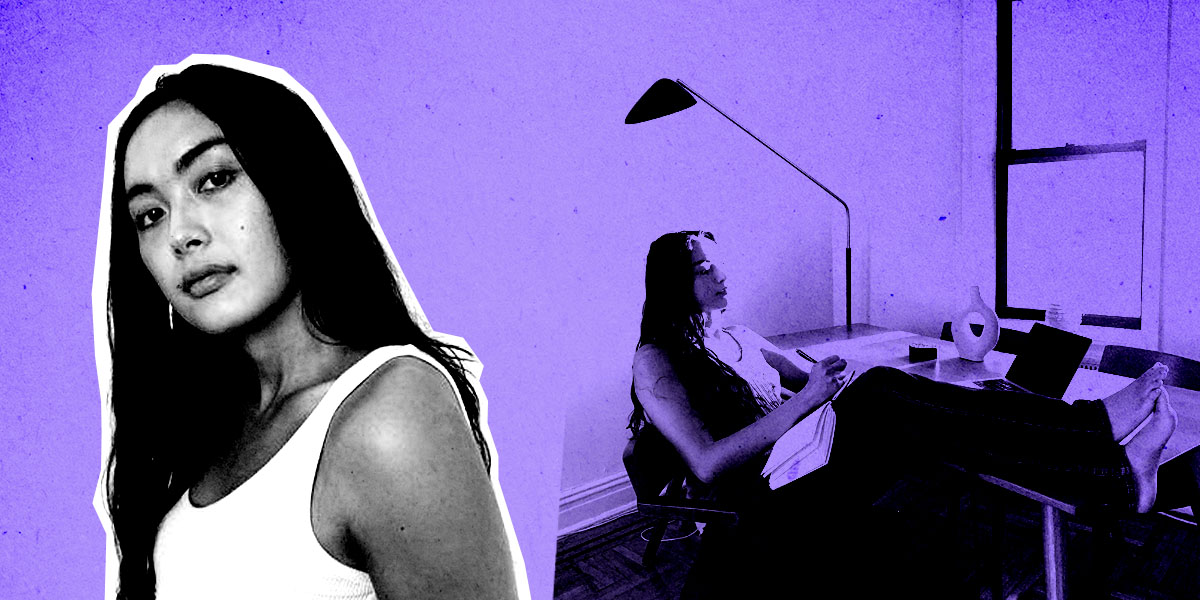 A purple feature. In the background, Xoai sitting at her desk writing in her notebook as light streams through the window. In the foreground, Xoai is cut out in black and white, looking at the viewer.