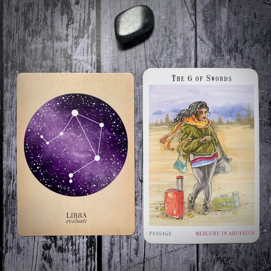 The Libra constellation card and the 6 of Swords tarot card