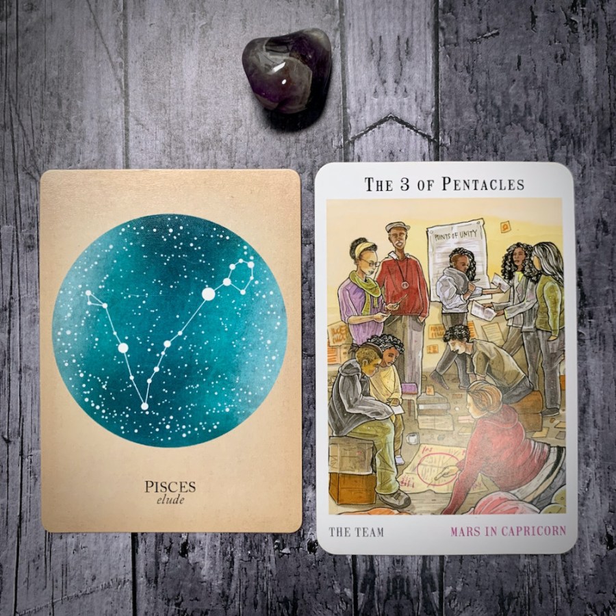 the Pisces constellation card and 3 of Pentacles tarot card