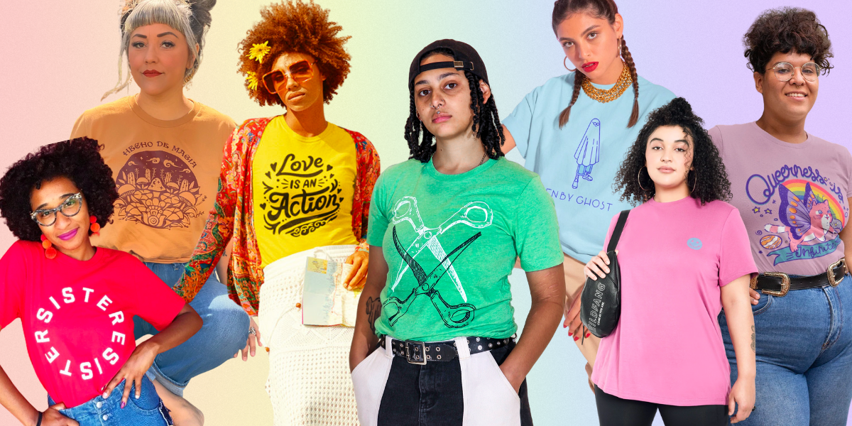 T-shirts modeled by queers: Sisters tee in Red, orange t-shirt, Love is an action yellow shirt, scissoring green shirt, Enby ghost blue shirt, come as you are pink shirt, queerness is infinite purple tee