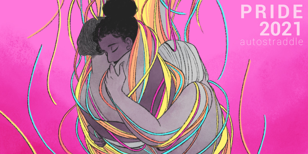 In this illustration, three bodies are intertwined in a group hug. There are colorful fraying strings falling all around them, against a hot pink background.