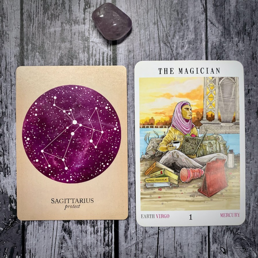 The Sagittarius constellation card and Magician tarot card
