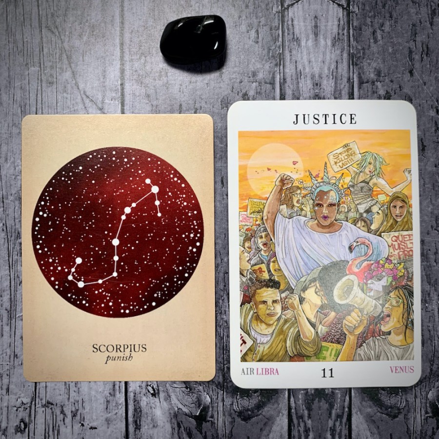 The Scorpio constellation card and Justice tarot card